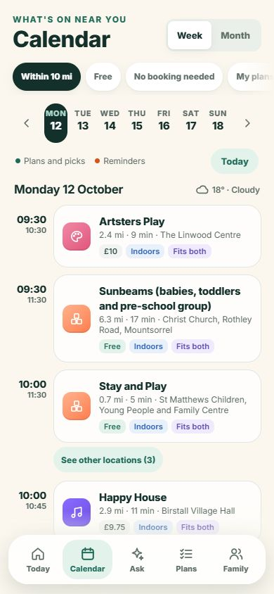 The app's Calendar for Monday 12 October: nearby sessions in time order, with free and no-booking filters, Fits both labels and a collapsed See other locations control.