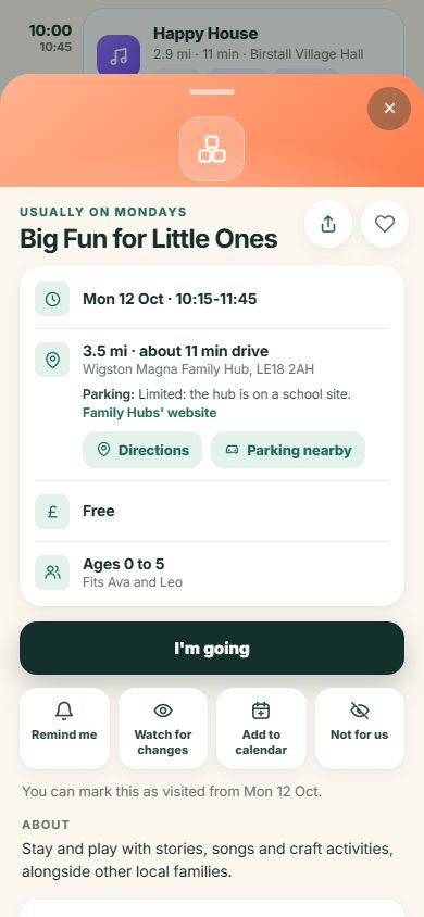 Big Fun for Little Ones at Wigston Magna Family Hub: date, time, distance, free entry and ages 0 to 5, fitting both example children. Share, source-linked parking guidance, Directions, Parking nearby, planning and reminder controls.
